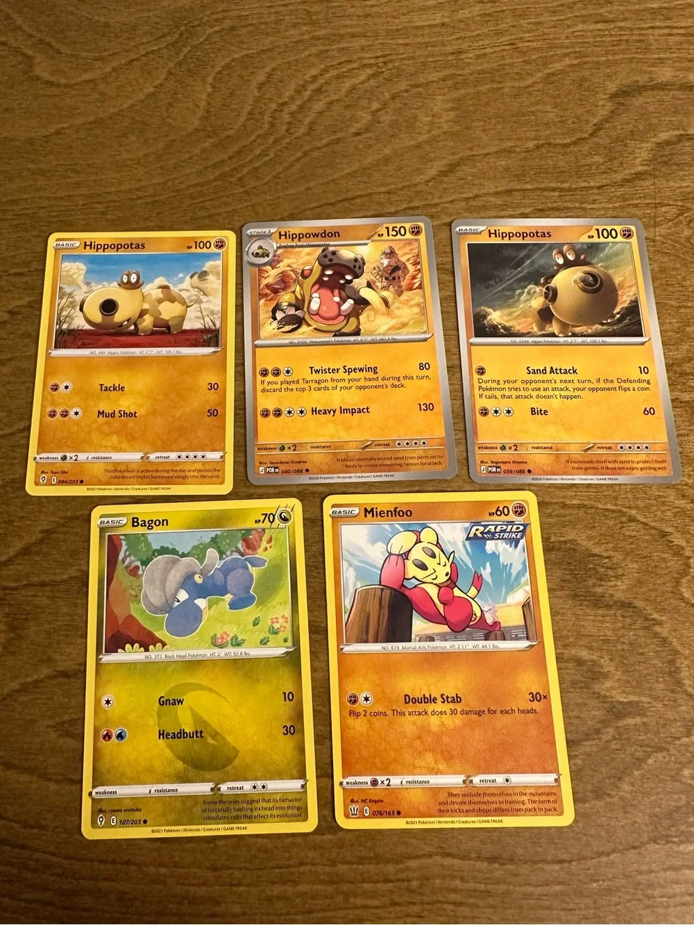 Lot of 5 Pokemon Cards Hippopotas, Hippowdon, Mienfoo and Bagon NM
